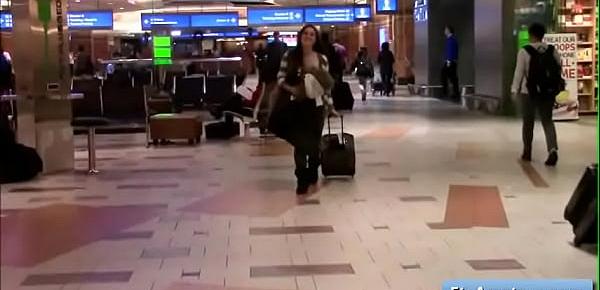  Lovely teen big tit amateur girl Summer flash her boobs in the airport and touch herself in the car